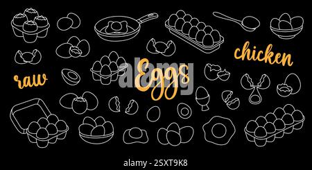 Chicken eggs outline set. Raw and boiled eggs, broken and whole eggshells, protein and yolk, omelette. Farming and agricultural. Vector illustration. Stock Vector