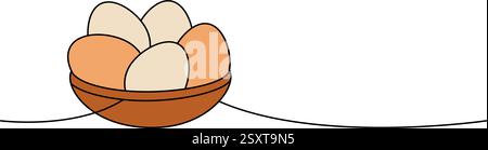 Bowl of chicken eggs one line colored continuous drawing. Organic farm product. Vector illustration Stock Vector