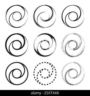 Nine spiral icons. Geometric abstract shapes. Circular rotating elements. Black white vector. Stock Vector