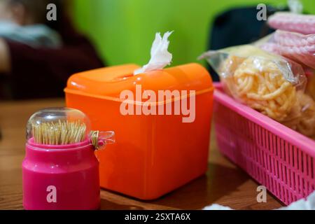 tissue box and toothpick in restaurant Stock Photo