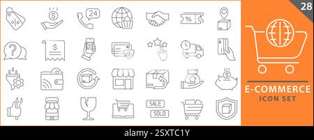 E-commerce icon set. Online shopping and delivery elements. E-business symbol. Set icons vector collection. Stock Vector