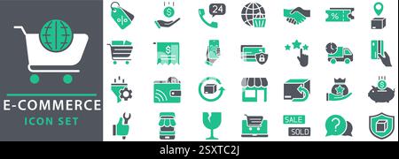E-commerce icon set. Online shopping and delivery elements. E-business symbol. Set icons vector collection. Stock Vector