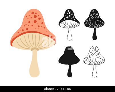 Mushrooms hand drawn symbol set. Wild poisonous or edible fantasy textured mushroom vector isolated Illustration. Stylized cartoon or silhouette, simple linear, doodle sign illustration art Stock Vector