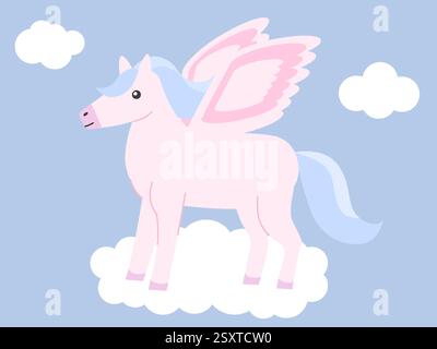 Flat cartoon illustration of a pink pegasus with blue hair standing on a fluffy white cloud in the sky. A whimsical fantasy-themed design for children prints, mythology, or storybook illustrations Stock Vector
