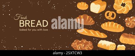 Bread loaf and pastry products cartoon template background. Poster with simple whole grain wheat loaf bread, French baguette wheat rye bread bun. Bakery pastry textured cover art vector illustration Stock Vector