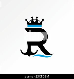 Logo design graphic concept creative premium vector stock image top sell initial R sans serif font crown waves anchor water ocean pirate sea ship hook Stock Vector