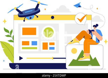 Drone Photography Vector Illustration featuring a Drone with a Remote Control, Capturing Aerial Photos and Videos from Above in a Flat Background Stock Vector