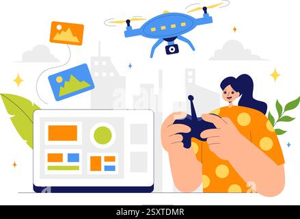Drone Photography Vector Illustration featuring a Drone with a Remote Control, Capturing Aerial Photos and Videos from Above in a Flat Background Stock Vector