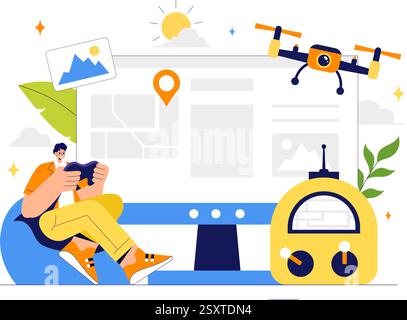 Drone Photography Vector Illustration featuring a Drone with a Remote Control, Capturing Aerial Photos and Videos from Above in a Flat Background Stock Vector