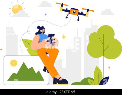 Drone Photography Vector Illustration featuring a Drone with a Remote Control, Capturing Aerial Photos and Videos from Above in a Flat Background Stock Vector