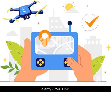 Drone Photography Vector Illustration featuring a Drone with a Remote Control, Capturing Aerial Photos and Videos from Above in a Flat Background Stock Vector