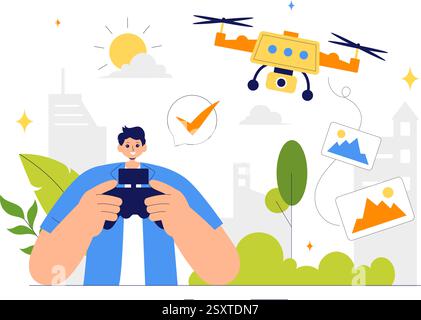 Drone Photography Vector Illustration featuring a Drone with a Remote Control, Capturing Aerial Photos and Videos from Above in a Flat Background Stock Vector