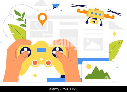 Drone Photography Vector Illustration featuring a Drone with a Remote Control, Capturing Aerial Photos and Videos from Above in a Flat Background Stock Vector