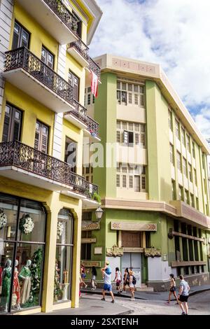 San Juan Puerto Rico,Viejo Old San Juan,Calle Tetuan,green Art Deco building,The Bankers Life Company building,historic architecture,geometric design, Stock Photo