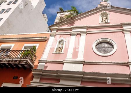 San Juan Puerto Rico,Viejo Old San Juan,Calle Tetuan,Capilla Iglesia Santa Anna,catholic church,outside exterior,pink facade,colonial architecture,Spa Stock Photo