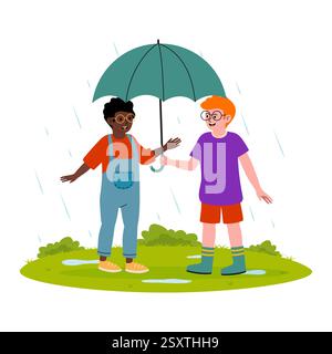 Two children sharing an umbrella during a rainy day in the park Stock Vector