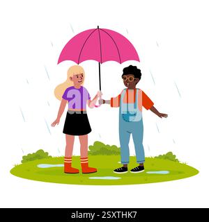 Friends sharing an umbrella during a rainy day while standing in a grassy area Stock Vector
