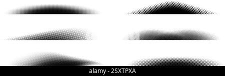 Halftone shadow set. Black dotted gradient stripes collection. Half tone textured shades pack for divide and separate. Horizontal pixelated grain line patterns. Vector noise dots and particles strips Stock Vector