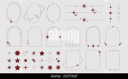 Y2k frame collection with star decorations and retro geometric borders in dark red. Minimalist oval, arch and rectangular shapes with sparkles for nostalgic aesthetic templates or digital designs. Stock Vector
