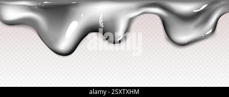 Silver liquid drip border with flowing metallic substance on transparent background. Glossy chrome edge element with wavy pattern and reflective highlights. Realistic smooth molten boundary design. Stock Vector