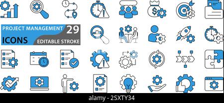 Project management icon collection. Time management and planning concept. Vector icon set. Stock Vector
