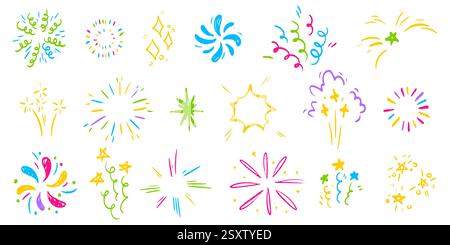 Crayon and scribble firework set of festive elements - doodle bright bursts, sparkling stars, swirls and glowing flashes. Hand drawn celebration designs for greeting cards, party and event background. Stock Vector