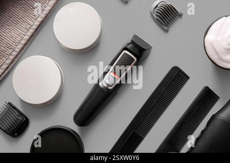 Set of male shaving accessories on grey background Stock Photo