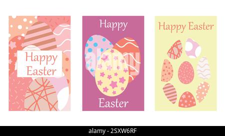 Set of Colorful Easter Cards With Decorative Eggs and Greeting Text Stock Vector