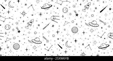 Space star galaxy vector seamless pattern. Hand drawn doodle sketch line style galaxy planet star, rocket, moon cute sky background. Space planet kid doodle universe pattern. Vector illustration Stock Vector