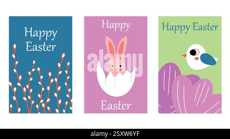 Easter Cards Featuring Bunny, Bird, and Spring Themed Illustrations Stock Vector
