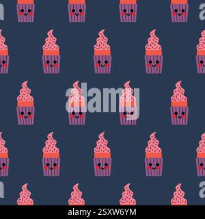 Seamless Pattern of Smiling Cupcake With Blue Background Stock Vector