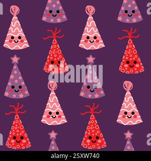 Cute Party Hats With Smiling Faces Set Against a Purple Backdrop Stock Vector
