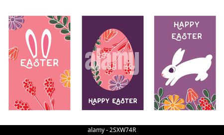 Set of Colorful Easter Cards Featuring Bunny, Eggs, and Floral Designs Stock Vector