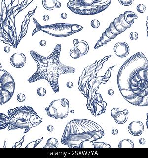 Underwater sea life seamless pattern with fishes, seashells, seaweeds. Vector hand drawn sketch ocean illustration. Marine aquarium background. Fashio Stock Vector