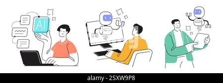 People work together with artificial intelligence. Digital technology integration, innovative solutions Stock Vector