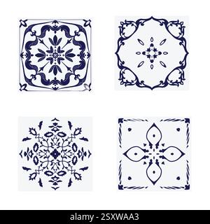 A creative arts piece featuring a symmetrical floral pattern of blue and yellow ceramic tiles on a white background. Stock Vector