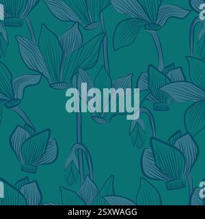 Flowers stylized teal, Cyclamen green Spring line art illustration Cyclamen Flowers. Hand Drawn vector Illustration. Teal green color Wallpaper Stock Vector