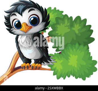 Adorable bird perched on a leafy branch Stock Vector