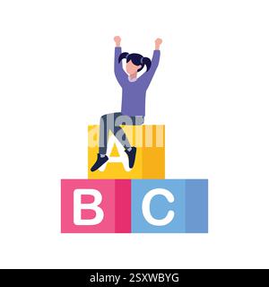 Girl sitting on alphabet blocks toy. Vector illustration Stock Vector