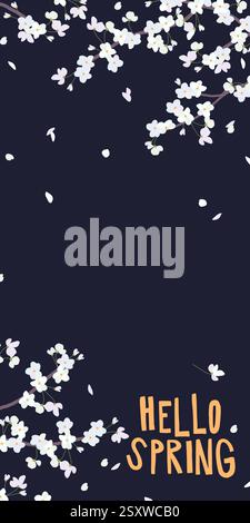 Vertical banner with cherry blossom branches. Vector sakura in a flat style. Spring design for greeting cards. Delicate flowers isolated on a black background. Stock Vector