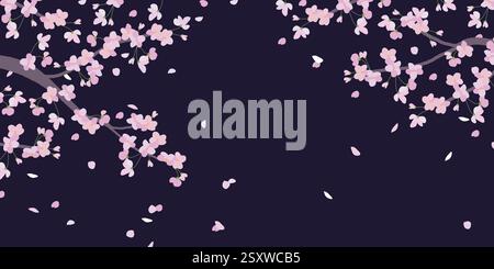 Blooming branches of pink cherry trees in a flat style. The effect of blowing wind and flying petals. Japanese traditional Hanami, Valentine's Day, Mother's Day. Beautiful cherry Isolated on black. Stock Vector