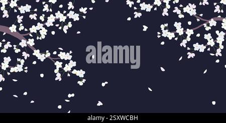 Blooming branches of white cherry trees in a flat style. The effect of blowing wind and flying petals. Japanese traditional Hanami, Valentine's Day, Mother's Day. Beautiful cherry Isolated on black. Stock Vector