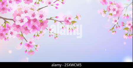 Branches of cherry blossoms on a soft light blue sky background. For Easter and spring cards with space for text. Floral spring abstract nature background. Branches with pink flowers. Stock Vector
