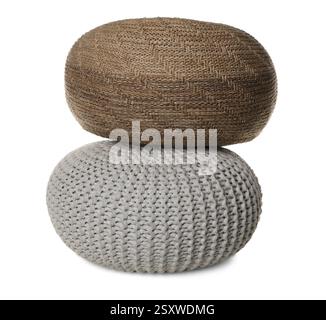 Different stylish knitted poufs on white background Stock Photo
