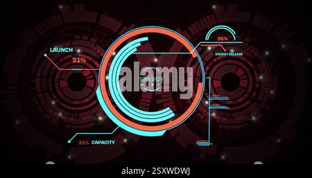 Image of energy, launch interface processing over circular scanners on dark background Stock Photo
