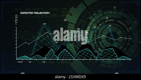 Image of expected trajectory graph over circular scanner processing on black background Stock Photo