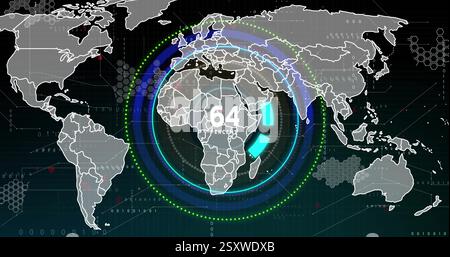 Image of blue circular scanner tracking percent over grey world map on dark background Stock Photo