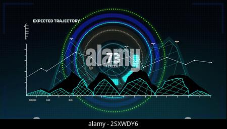 Image of expected trajectory graph over circular scanner tracking percent on dark background Stock Photo