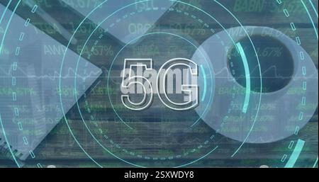 Image of 5g text and financial data processing over laptop on desk Stock Photo