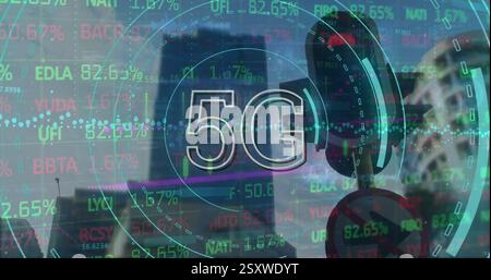 Image of 5g text and financial data processing over cityscape Stock Photo